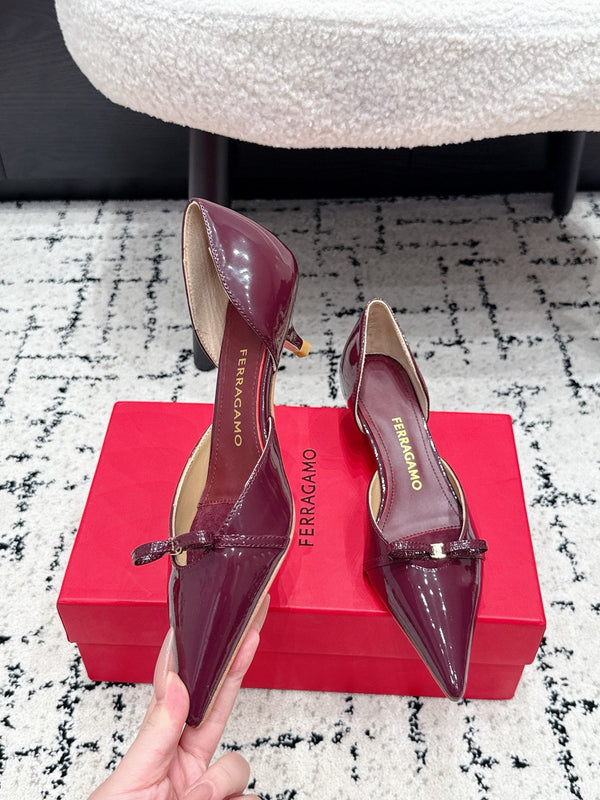 FG Gyoia Bow Pointed Toe Pumps 3.5cm Burgundy Patent Leather 848407