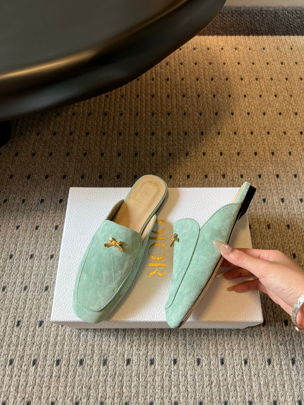 CD Baby Bow Mules Gold Bow Mint Green Suede 858671