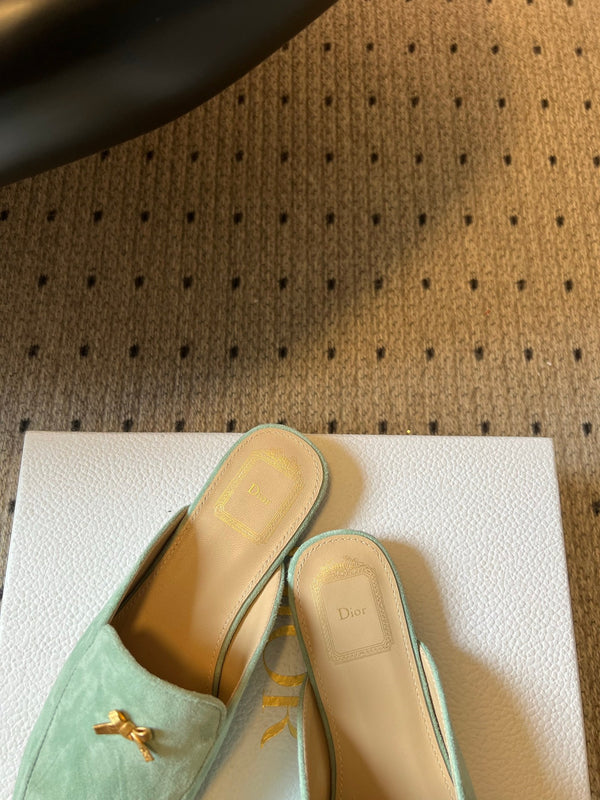 CD Baby Bow Mules Gold Bow Mint Green Suede 858671