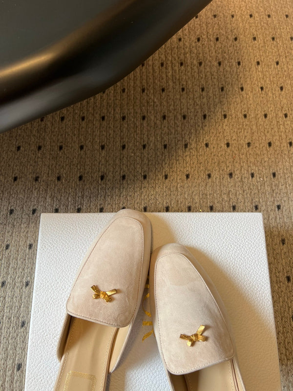 CD Baby Bow Mules Gold Bow Light Pink Suede 858670