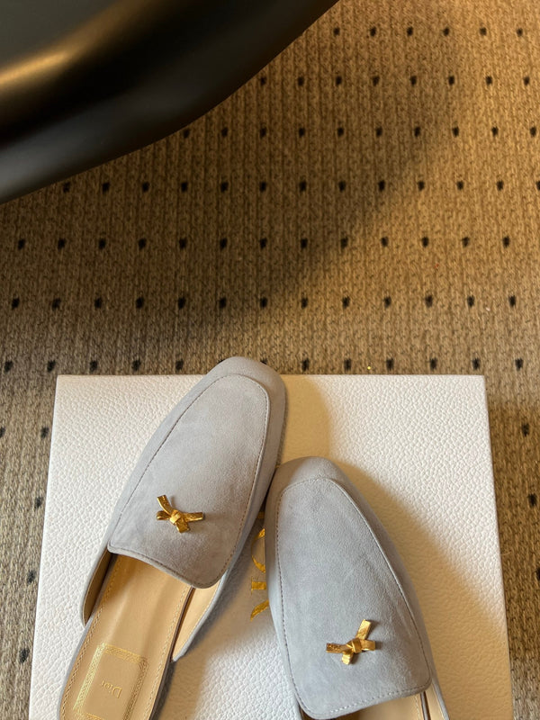CD Baby Bow Mules Gold Bow Light Grey Suede 858669