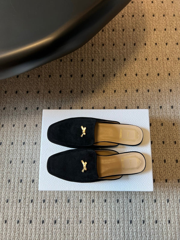 CD Baby Bow Mules Gold Bow Black Suede 858667