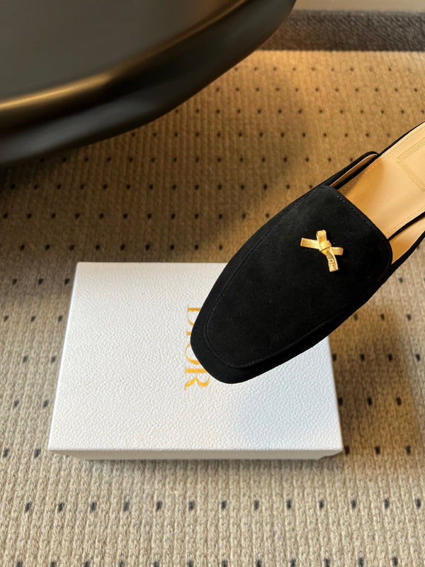 CD Baby Bow Mules Gold Bow Black Suede 858667