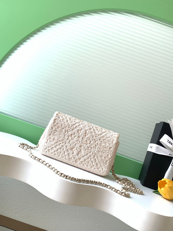 CC 26P Crochet Flap Bag Chain Strap 21cm White Tweed 292264
