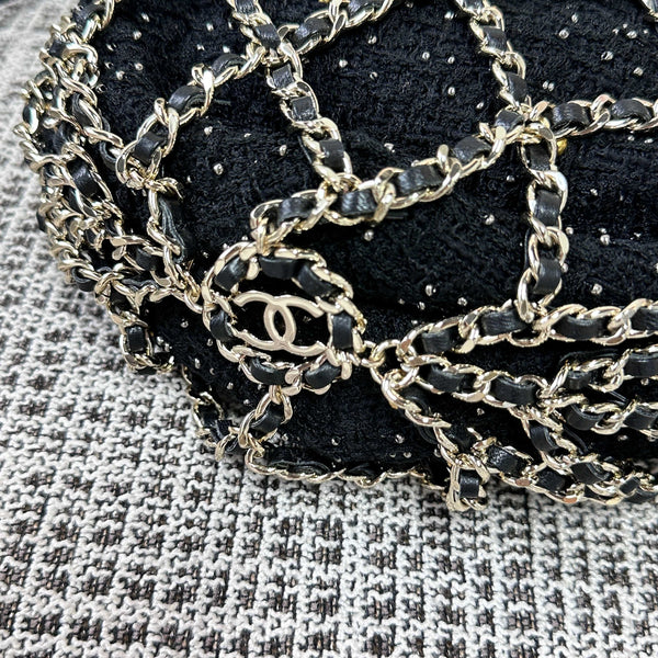 CC 21PF Chain Link Net Bag Drawstring Black Tweed Lambskin & Chain