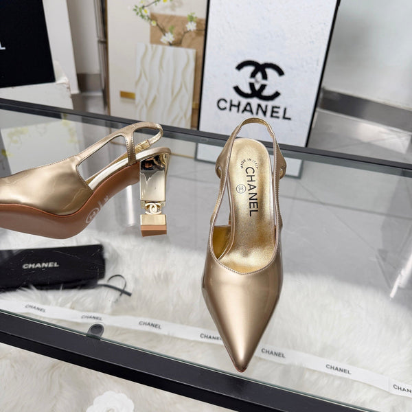 CC Pointed Toe Slingback Pumps 9cm Gold Metallic Patent Cowhide 872876
