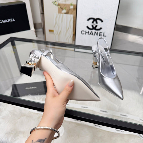 CC Pointed Toe Slingback Pumps 9cm Silver Patent Cowhide 872873