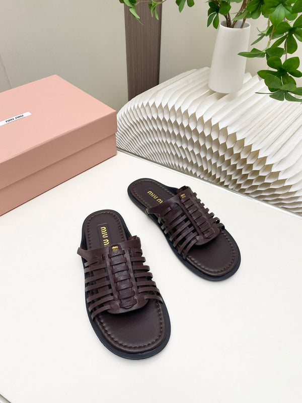 Miu Briarwood Slides Chocolate Cowhide Leather 881414