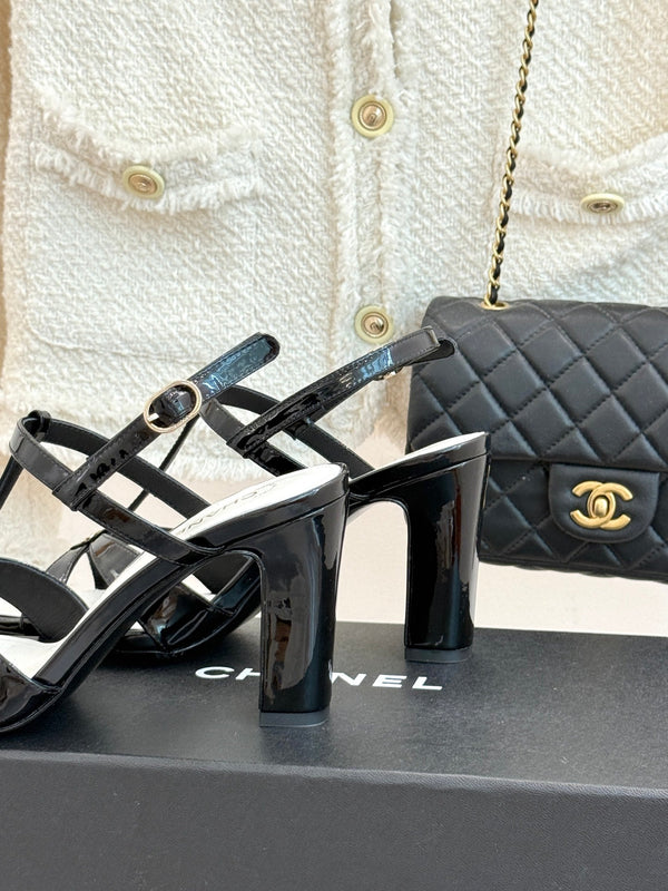 CC 26A Strappy Stiletto Sandals Black Patent Leather 878667