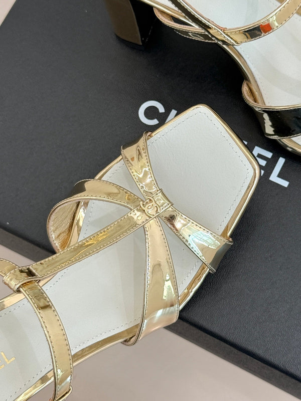 CC 26A Strappy Stiletto Sandals Gold Patent Leather 878664