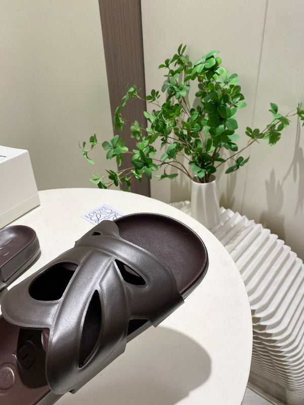 Loew Ease Monogram Slides Chocolate Lambskin Leather 881377