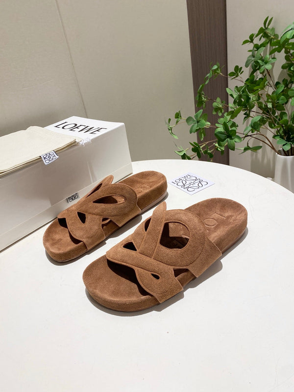 Loew Ease Monogram Slides Brown Suede Leather 881376