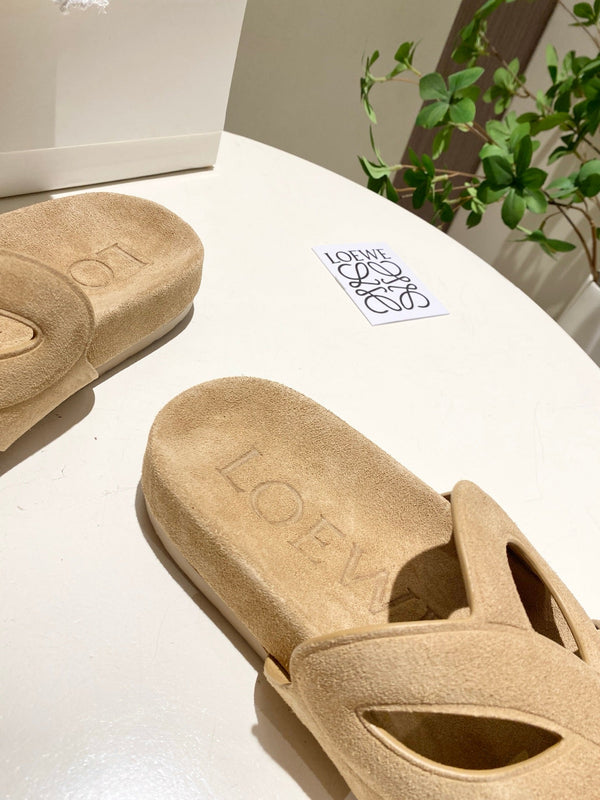 Loew Ease Monogram Slides Beige Suede Leather 881375