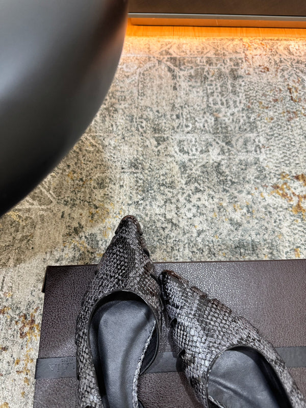 Alaia Snake Print Cutout Slingback Flats Black Grey Cowhide Leather 881556