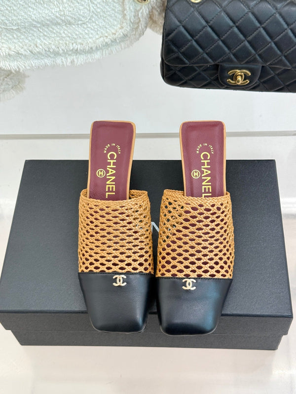 CC Woven Square-Toe Mules Tan Black Leather 887979