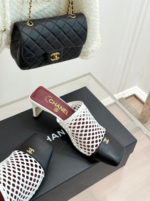 CC Woven Square-Toe Mules White Black Leather 887976