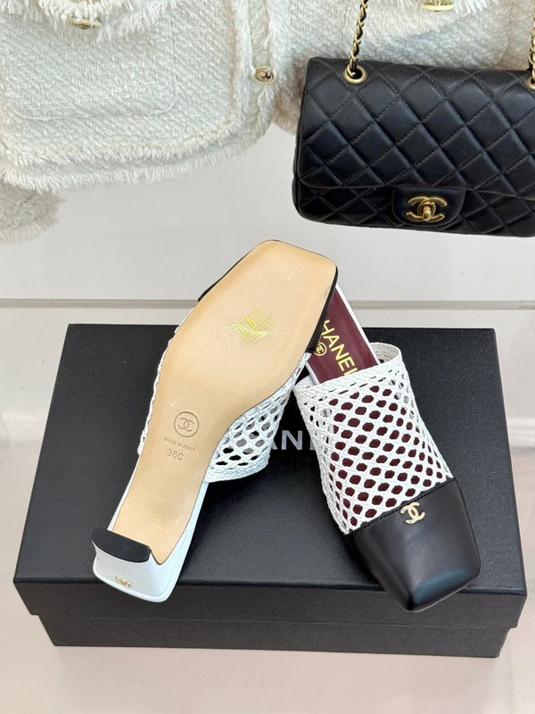 CC Woven Square-Toe Mules White Black Leather 887976
