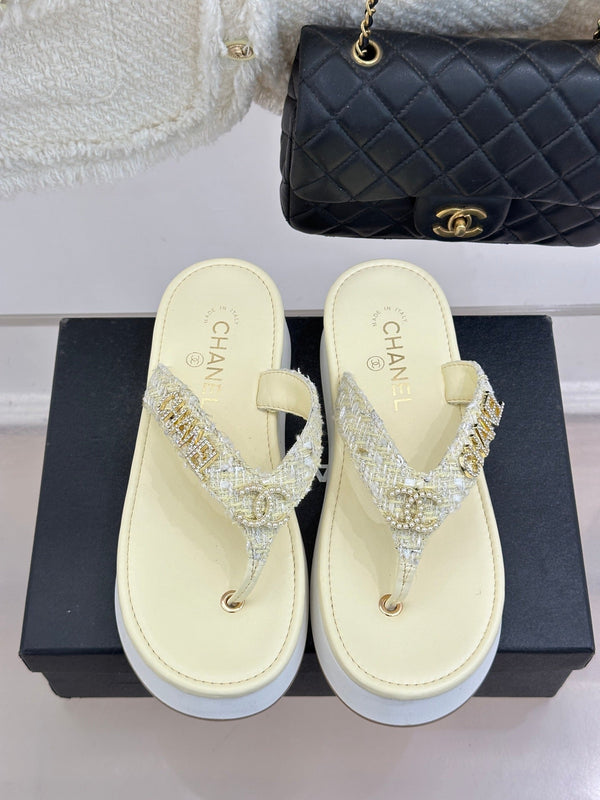 CC Crystal Logo Platform Thong Sandals Light Yellow Tweed 887785