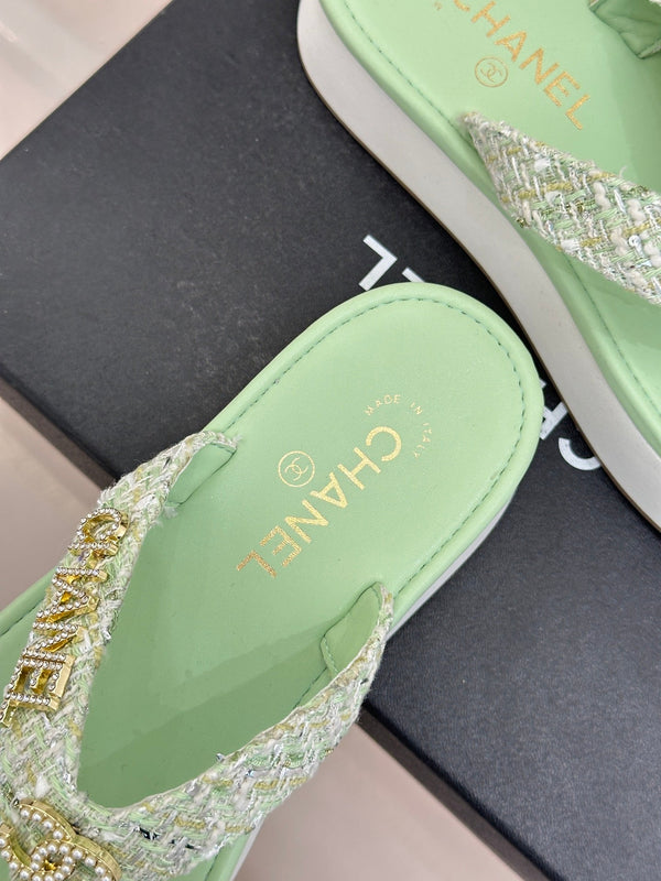 CC Crystal Logo Platform Thong Sandals Lime Green Tweed 887784