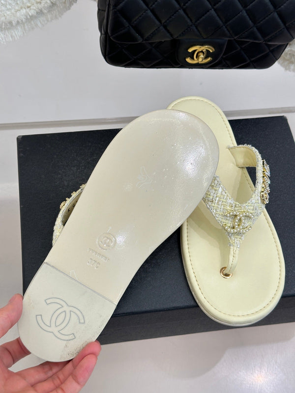 CC Crystal Logo Platform Thong Sandals Flat Light Yellow Tweed 887778