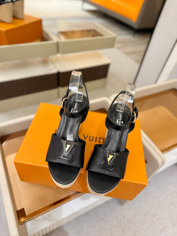 LV Platform Espadrille Wedge Sandals Black Cowhide Leather 888650
