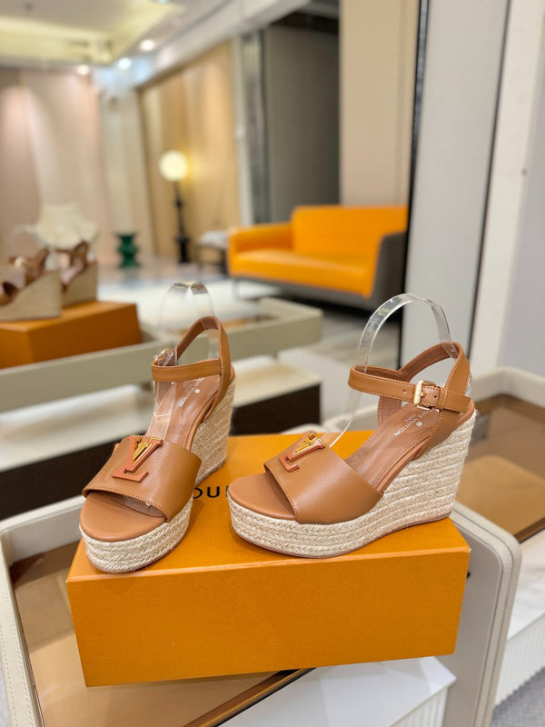LV Platform Espadrille Wedge Sandals Tan Brown Cowhide Leather 888648