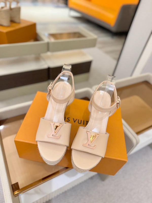 LV Platform Espadrille Wedge Sandals Beige Cowhide Leather 888649