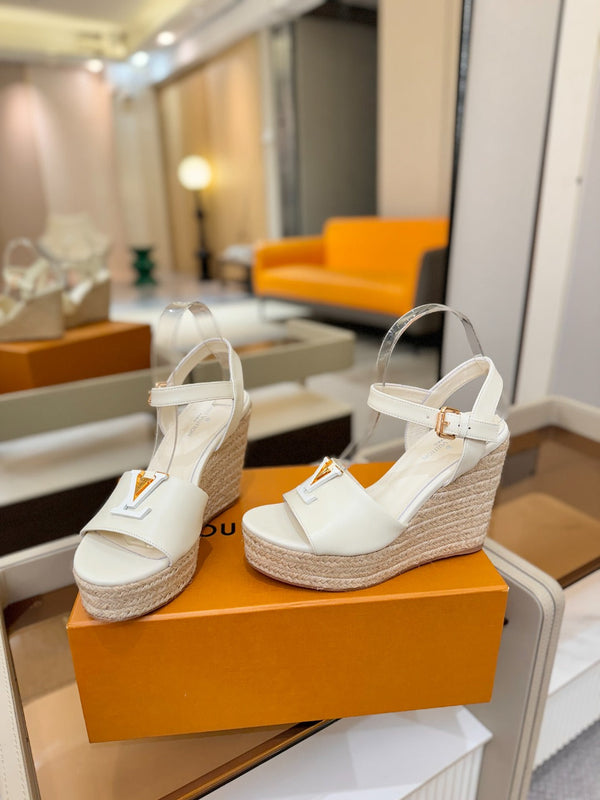 LV Platform Espadrille Wedge Sandals White Cowhide Leather 888647