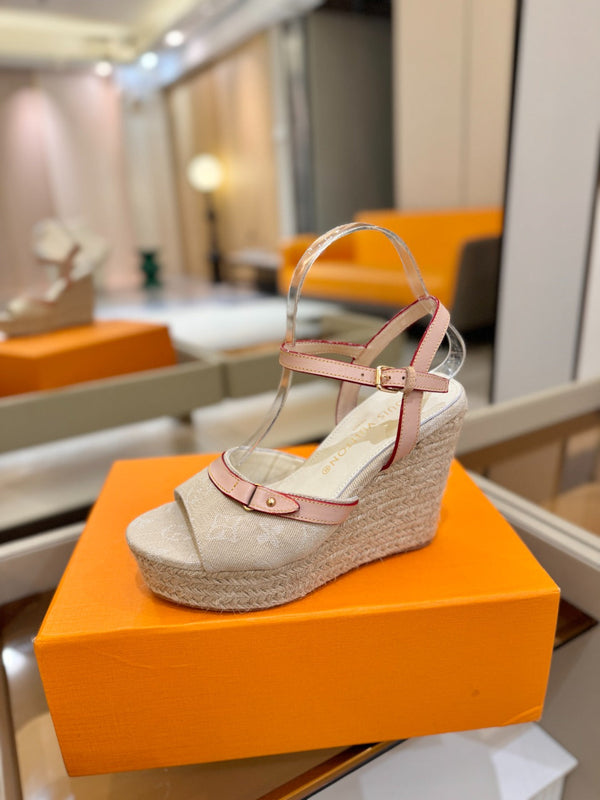 LV Helios Wedge Sandals Cream Monogram Denim & Leather 888644