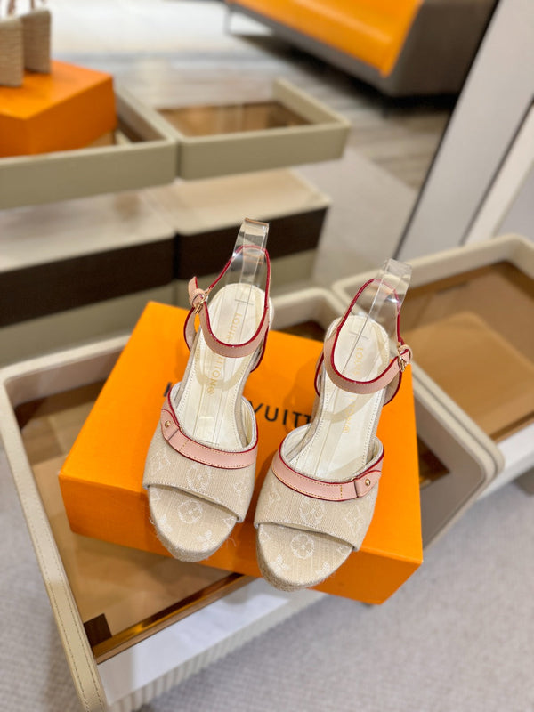 LV Helios Wedge Sandals Cream Monogram Denim & Leather 888644