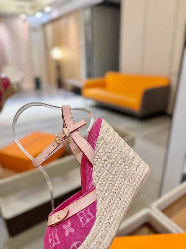 LV Helios Wedge Sandals Pink Monogram Denim & Leather 888643