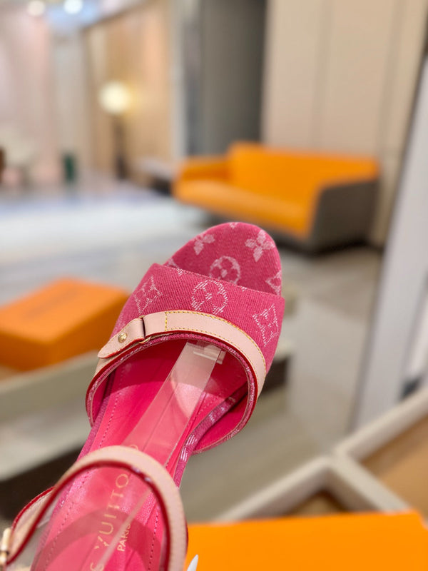 LV Helios Wedge Sandals Pink Monogram Denim & Leather 888643