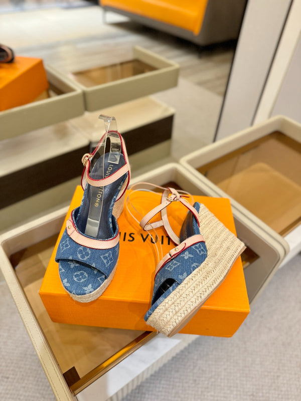LV Helios Wedge Sandals Blue Monogram Denim & Leather 888642