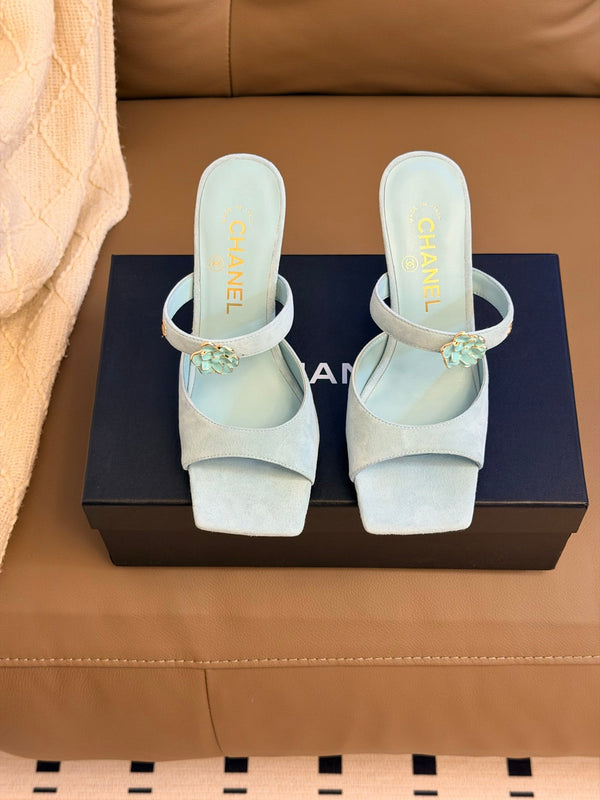 CC 26A Camellia Double C Square Toe Mules 10cm Mint Blue Suede 888705