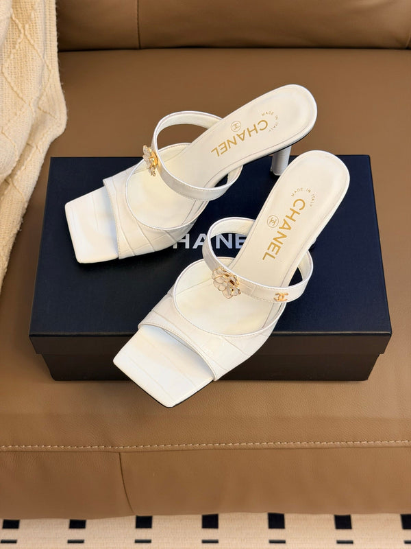 CC 26A Camellia Double C Square Toe Mules 10cm White Stone-Grain Cowhide 888703