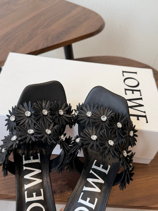 Loew Paula's Ibiza Petal Flower Sandals Black Leather 889899