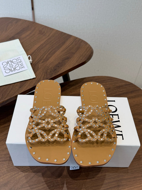 Loew Studded Square Toe Flat Slides Camel Leather 889889