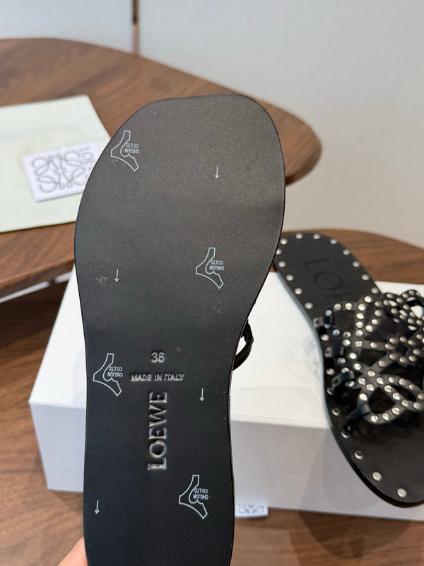 Loew Studded Square Toe Flat Slides Black Leather 889888