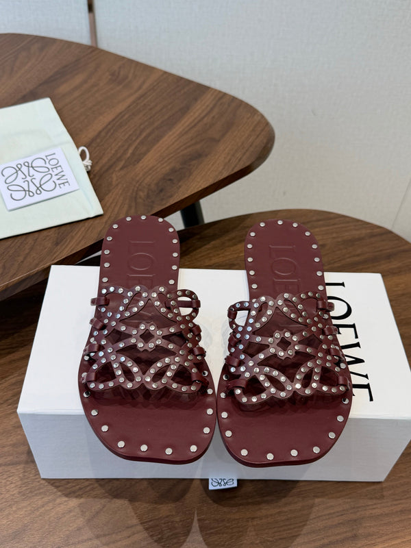 Loew Studded Square Toe Flat Slides Burgundy Leather 889886