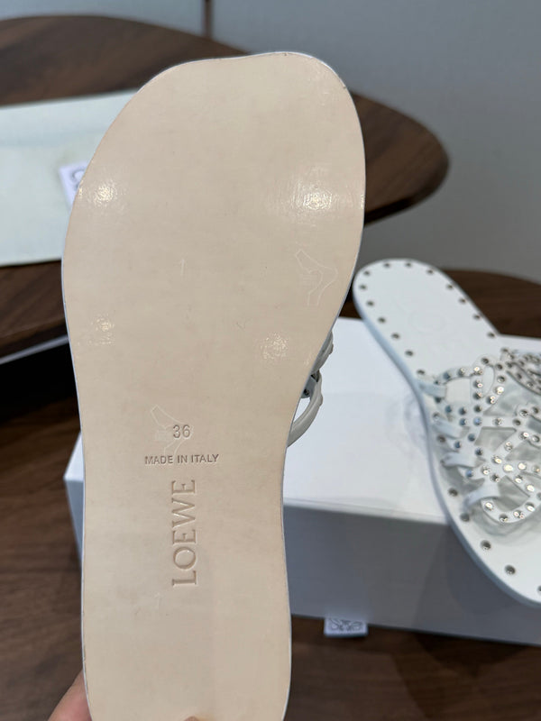 Loew Studded Square Toe Flat Slides White Leather 889887