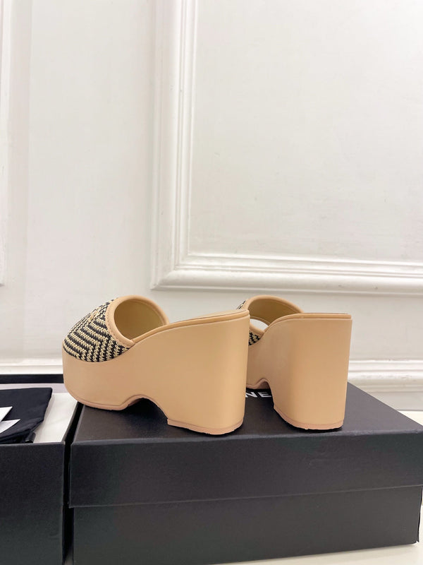 CC Double C Platform Wedge Mules 10cm Beige Tweed 891784