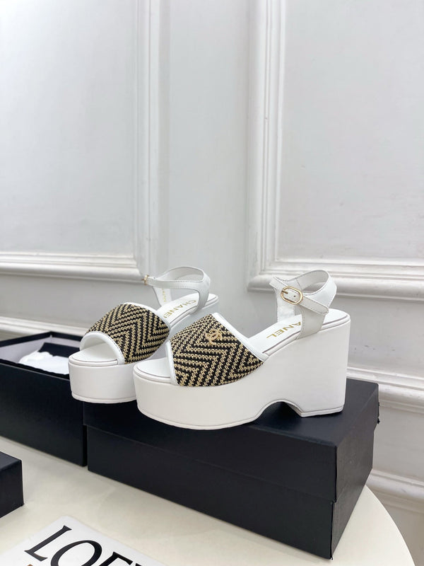 CC Double C Platform Wedge Sandals 10cm White Tweed 891781