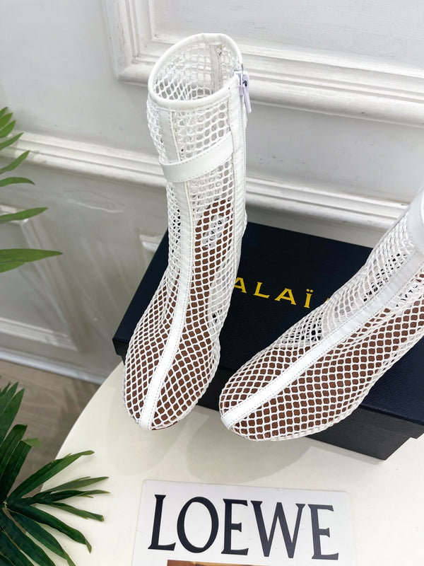 Alaia Boots 5.5cm Fishnet Ankle Boots White Mesh Patent Leather 892043