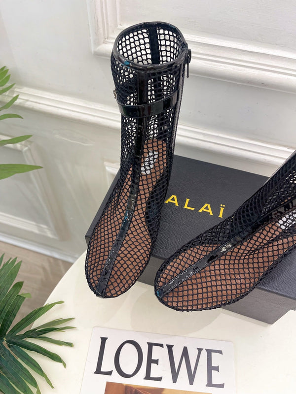 Alaia Boots 5.5cm Fishnet Ankle Boots Black Mesh Patent Leather 892042