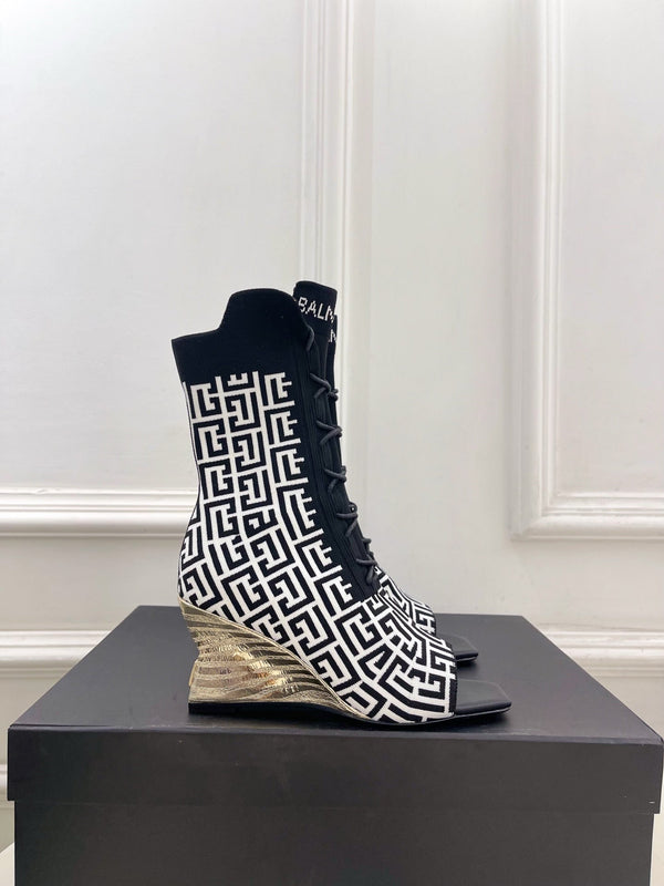 BM Moneta Monogram Knit Boots Black White Custom Knit Fabric 892301