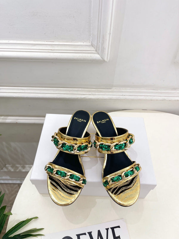 BM Sequin Chain Sandals 5cm Gold Green Metallic Leather 892298