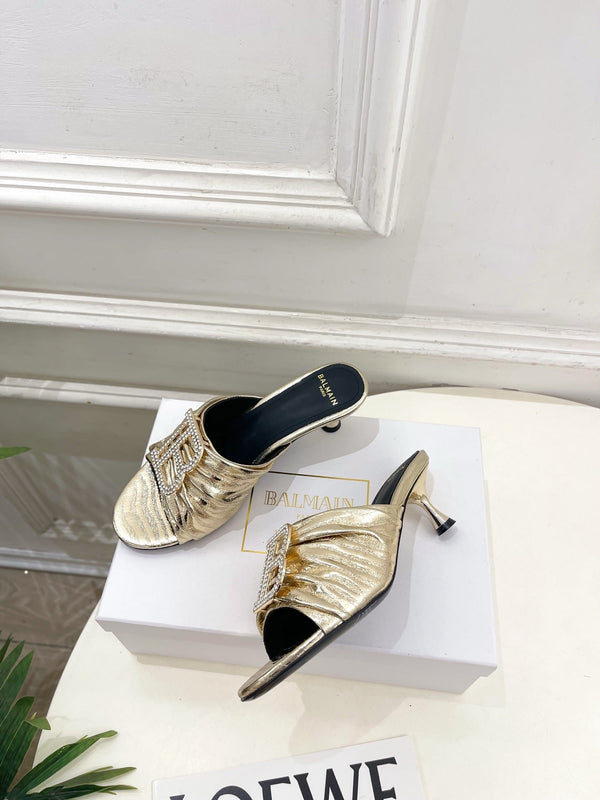 BM Crystal B Buckle Pleated Mules 5cm Silver Metallic Leather 892293