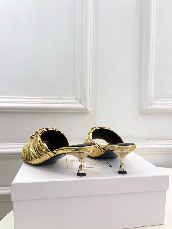 BM Crystal B Buckle Pleated Mules 5cm Gold Metallic Leather 892292