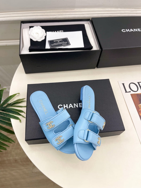 CC Crystal Double C Velcro Flat Mules Blue Lambskin 891666