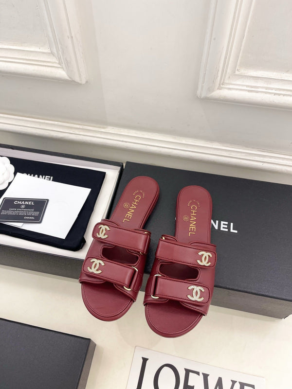 CC Crystal Double C Velcro Flat Mules Burgundy Lambskin 891664